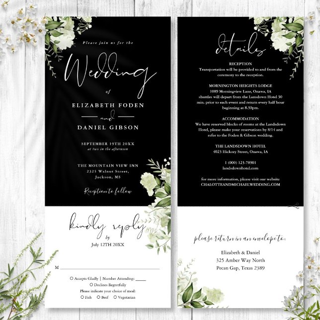 Convite Casamento Preto Branco Botânico Verde Tudo Em Um (Black White Botanical Greenery All In One Wedding Invitation)