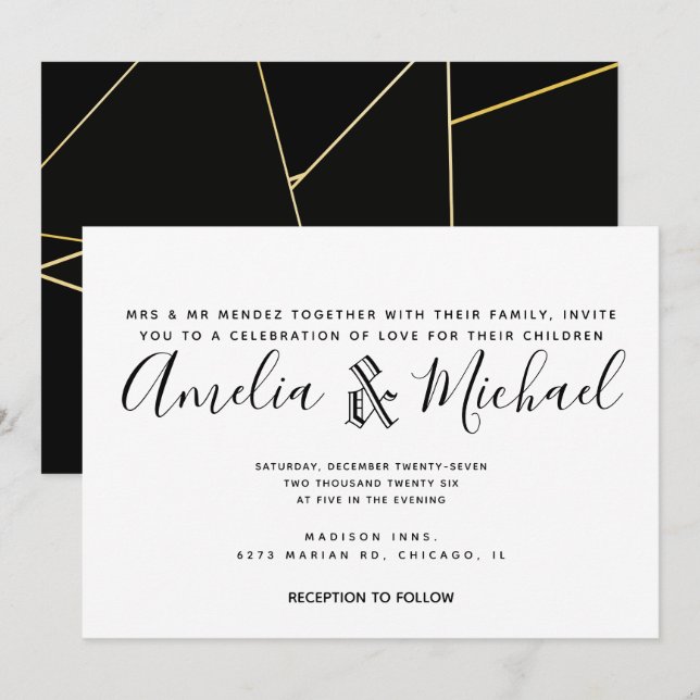Convite Casamento Preto Branco Dourado Geométrico Moderno (Frente/Verso)
