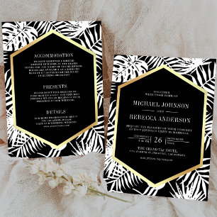 Convite Casamento Preto Branco Dourado Tropical Tudo em Um