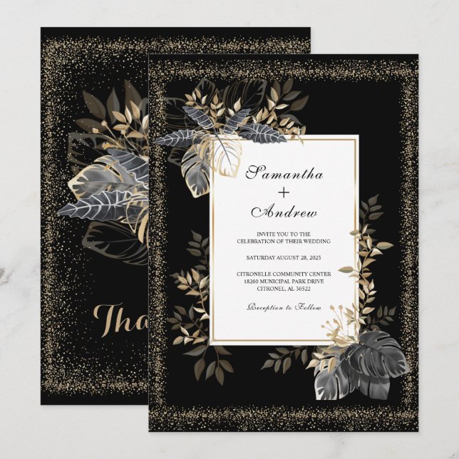 Convite Casamento Preto Branco E Dourado (Frente/Verso)