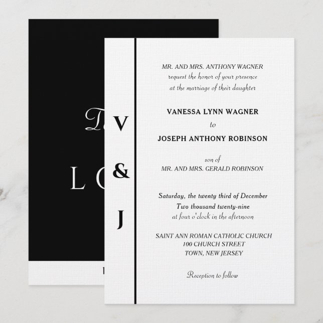 Convite Casamento Preto Branco Monograma Prata (Frente/Verso)
