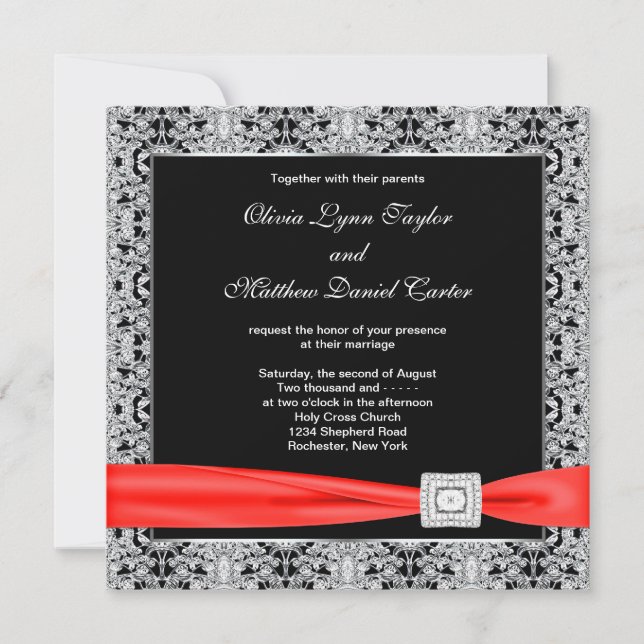 Convite Casamento Preto Branco Vermelho Preto (Frente)