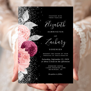 Convite Casamento Preto Brilho Prata Bege Burgundy Floral