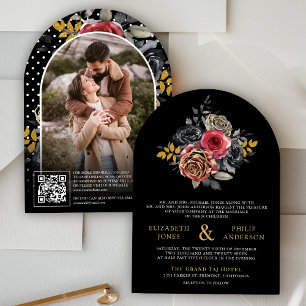 Convite Casamento Preto Código QR de Rosas Florais Borgonh