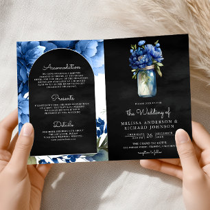 Convite Casamento Preto Código QR Jar Floral Azul Royal