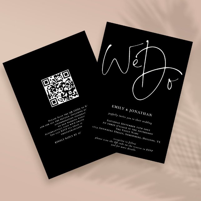 Convite Casamento Preto Código QR Nós Fazemos Roteiro Mode (Criador carregado)