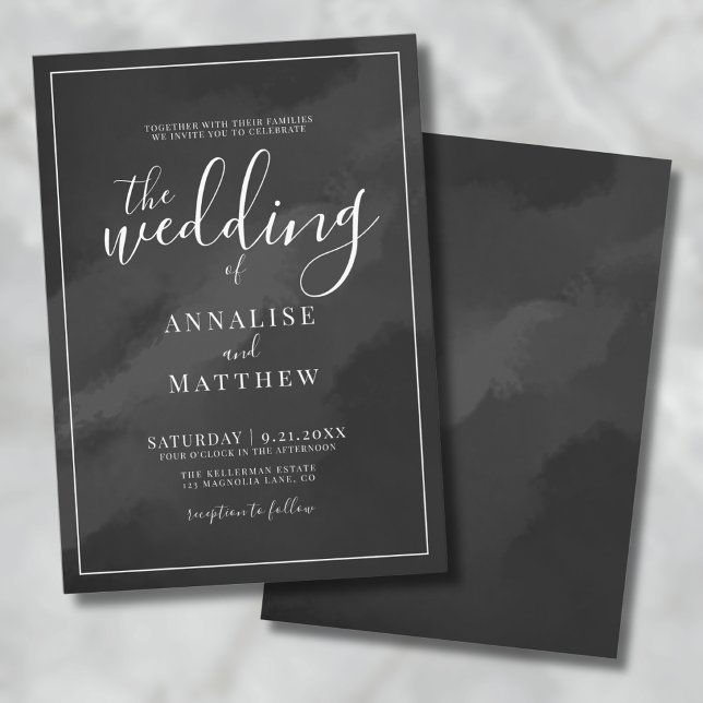 Convite Casamento Preto com Aquarela Minimalista (Simple Minimalist Elegant Watercolor Black Wedding Invitation)