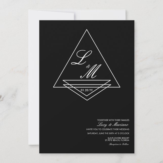 Convite Casamento Preto com Arte de Script Elegante Monogr (Frente)