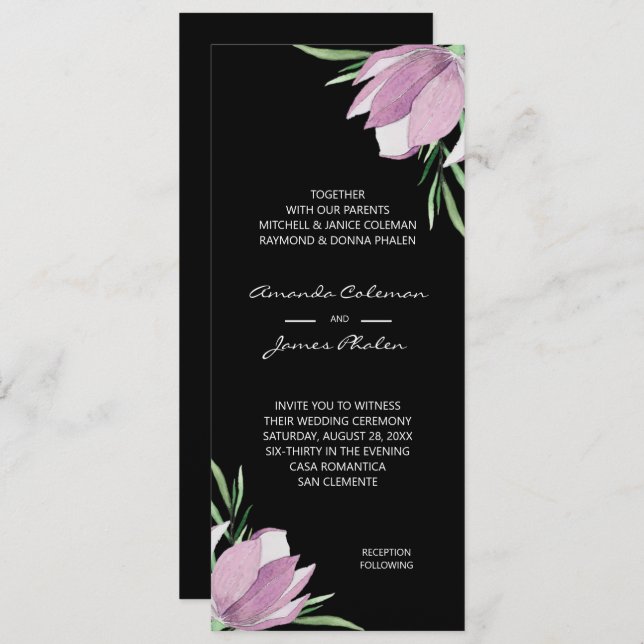 Convite Casamento Preto Com Cor De Água Floral Púrpura (Frente/Verso)