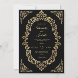 Convite Casamento Preto com Elegante Filigrana Dourada Vin