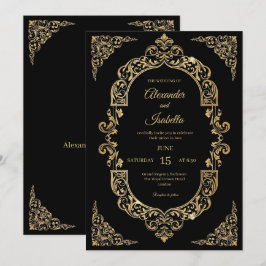 Convite Casamento Preto com Elegante Filigrana Dourada Vin