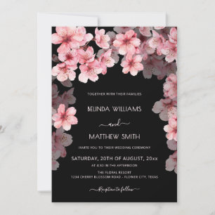 Convite Casamento Preto com Flor de Cerejeira em Aquarela
