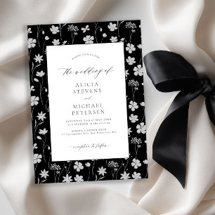 Convite Casamento preto com jardim floral branco elegante