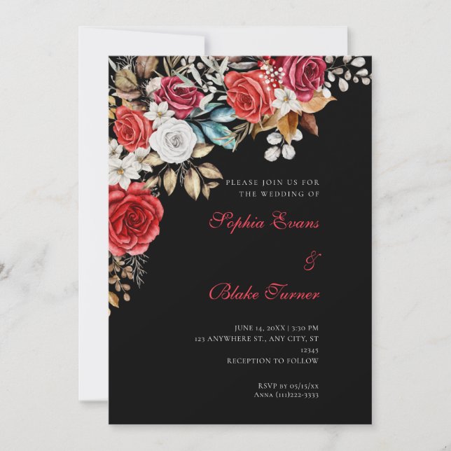 Convite Casamento Preto com Rosas Vermelhas e Brancas Eleg (Frente)