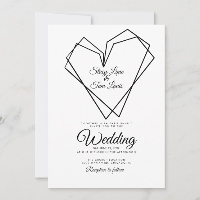 Convite Casamento Preto Corações Duplos Geométricos Modern (Frente)