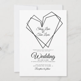 Convite Casamento Preto Corações Duplos Geométricos Modern