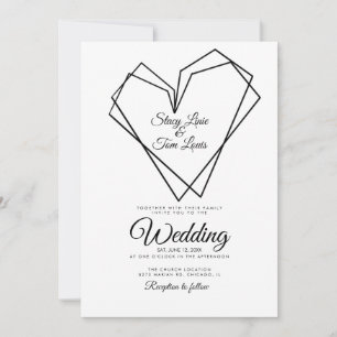 Convite Casamento Preto Corações Duplos Geométricos Modern