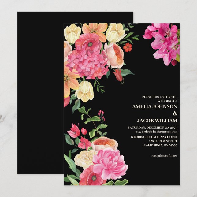 Convite Casamento preto das flores florais de aquarela (Frente/Verso)