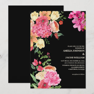 Convite Casamento preto das flores florais de aquarela