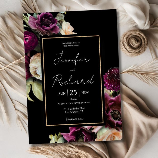 Convite Casamento Preto de Bloom Bloom Puro Escuro e Moody (Criador carregado)