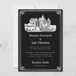 Convite Casamento Preto de Borda Desenhada do Castelo Góti