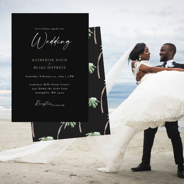 Convite Casamento Preto de Palmeira Tropical  (Criador carregado)