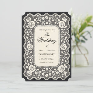 Convite Casamento Preto de Renda de Papel Antigo