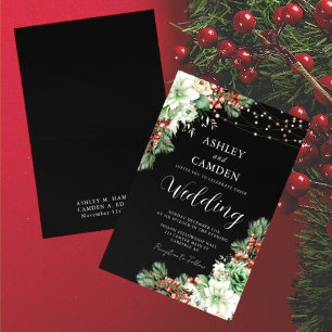 Convite Casamento Preto de Sempre-Verde de Inverno e Bagas