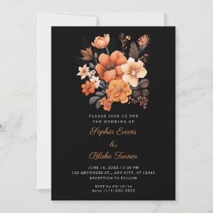 Convite Casamento Preto do Buquê Floral Laranja bonito Que