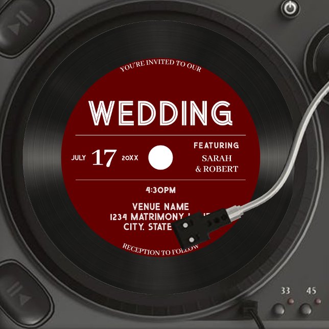 Convite Casamento Preto Do Registro De Vinilo Vermelho Ret (Retro Vintage Red Vinyl Record Black Wedding Invitation)