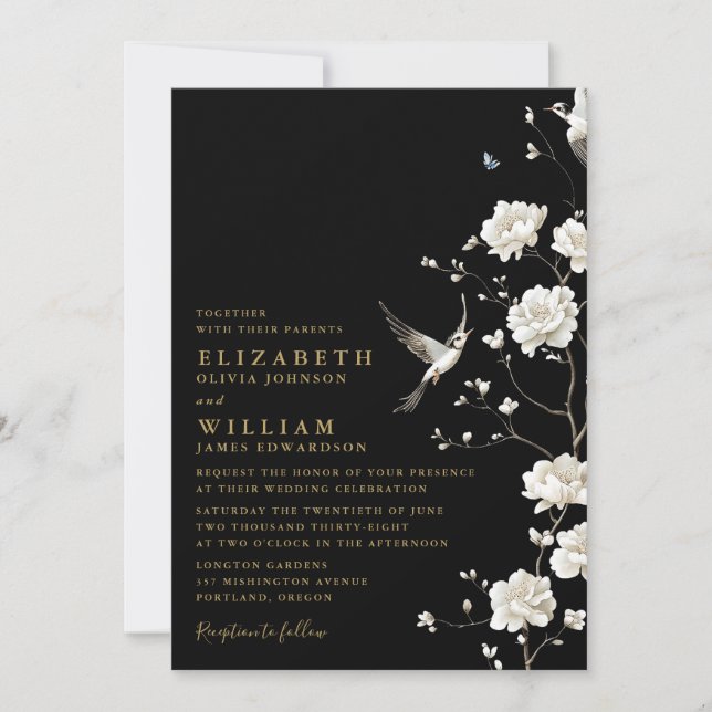 Convite Casamento Preto Dourado com Florais de Chinoiserie (Frente)