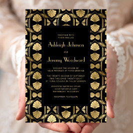 Convite Casamento Preto Dourado Deco Ventoinha Padrão Vint