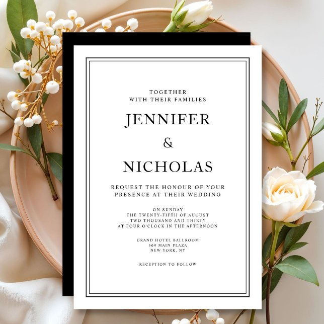 Convite Casamento Preto e Branco Clássico e Elegante (Elegant Classic Formal Black And White Wedding Invitation)