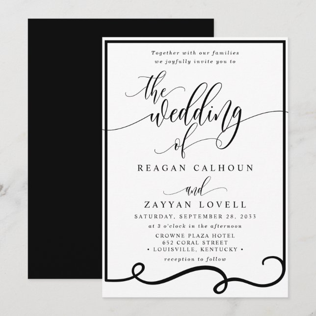 Convite Casamento Preto e Branco com Caligrafia Chic (Frente/Verso)