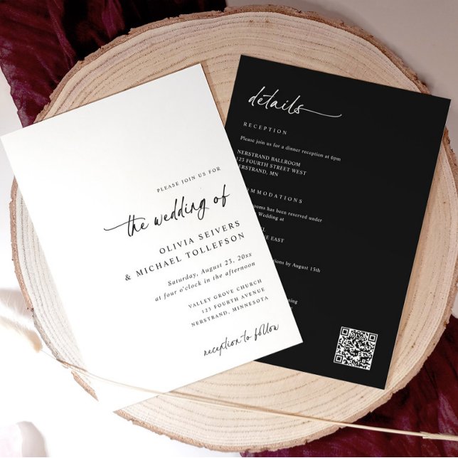 Convite Casamento Preto e Branco com Caligrafia em Um Só (All-in-one wedding invite with modern handwriting script and black back with white text and QR code)