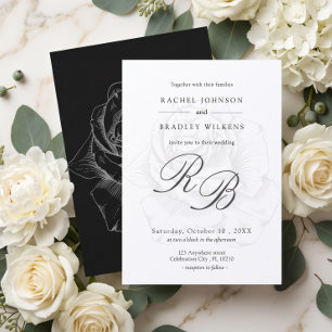Convite Casamento Preto e Branco com Detalhe de Rosa Simpl