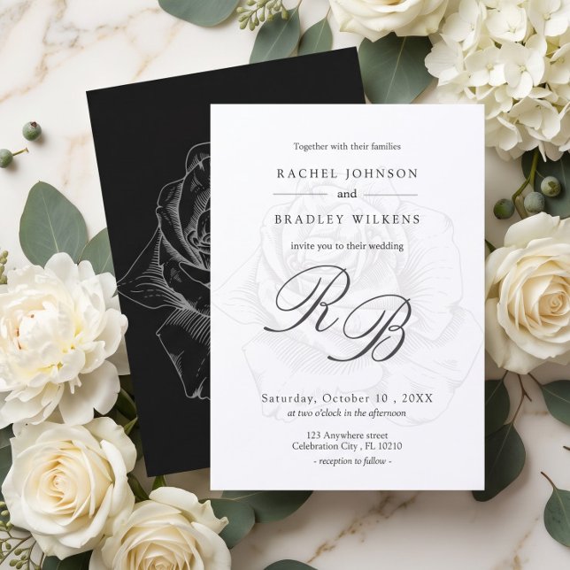 Convite Casamento Preto e Branco com Detalhe de Rosa Simpl (Criador carregado)
