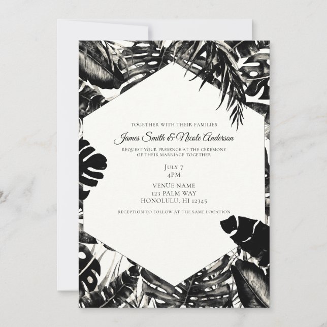 Convite Casamento Preto e Branco com Folhas de Palma Tropi (Frente)