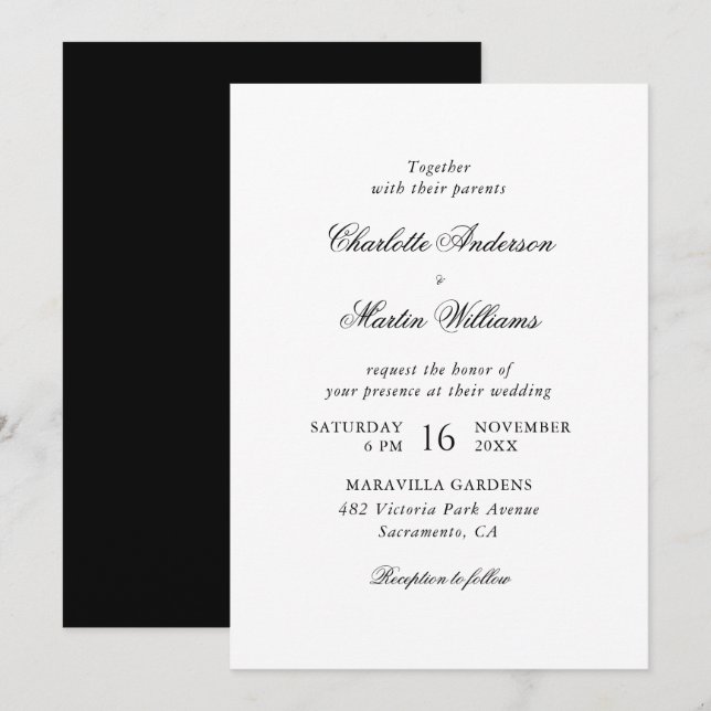 Convite Casamento Preto e Branco com Letra Elegante (Frente/Verso)