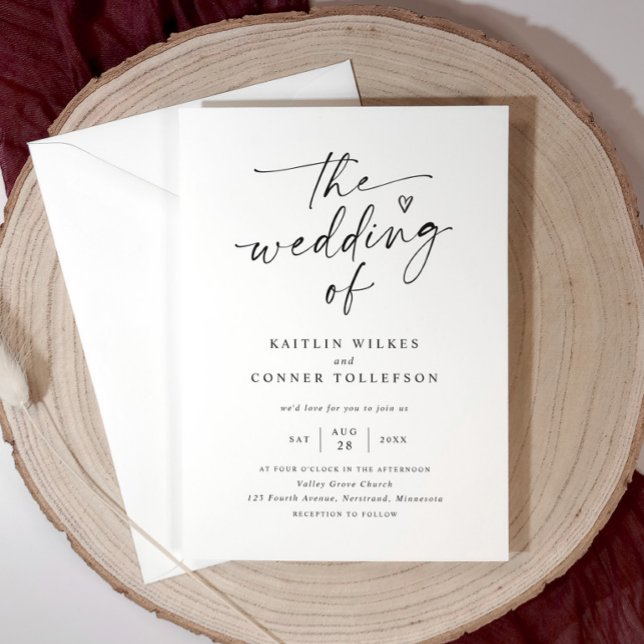 Convite Casamento Preto e Branco com Letra Moderna e Elega (Elegant handwriting modern wedding invitation with hand drawn heart)