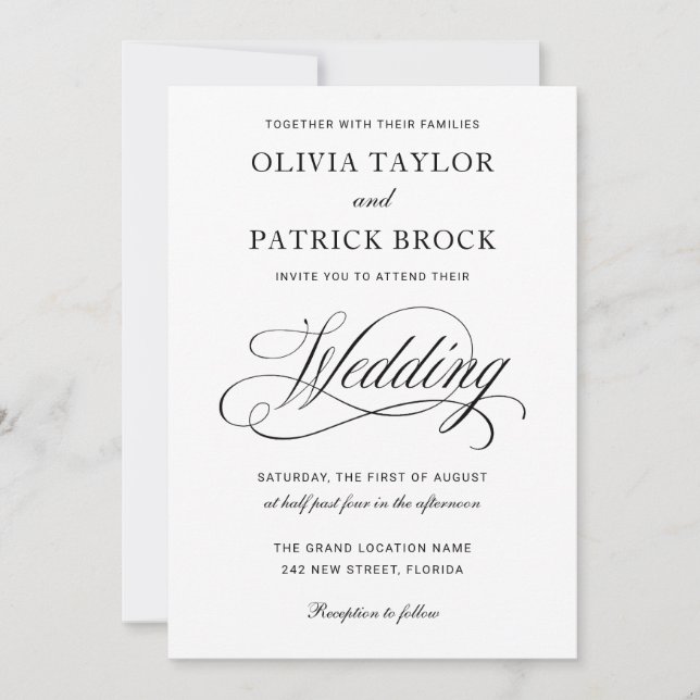 Convite Casamento preto e branco com Script Elegante Simpl (Frente)