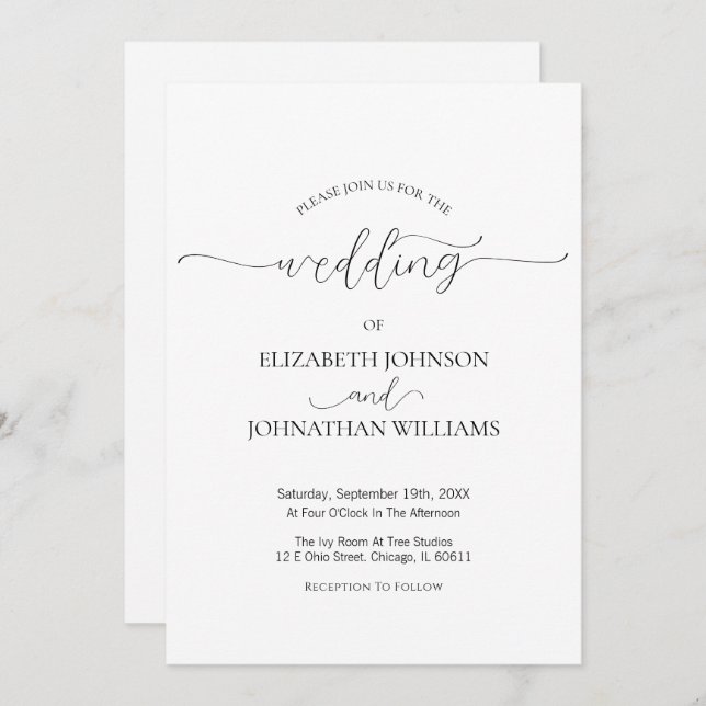 Convite Casamento preto e branco com script mínimo simples (Frente/Verso)