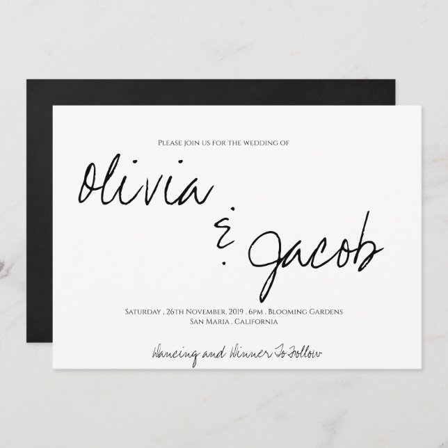 Convite Casamento Preto e Branco com Script Moderno Elegan (Frente/Verso)