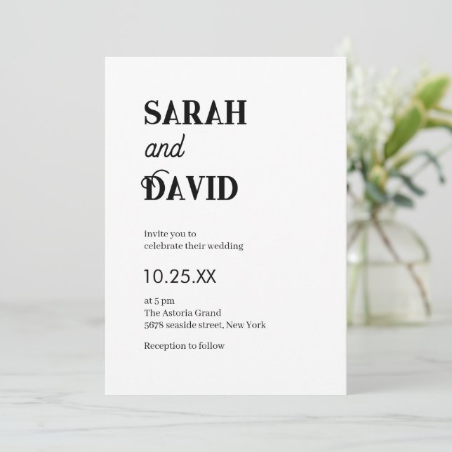 Convite Casamento preto e branco com texto moderno e chic (Em pé/Frente)