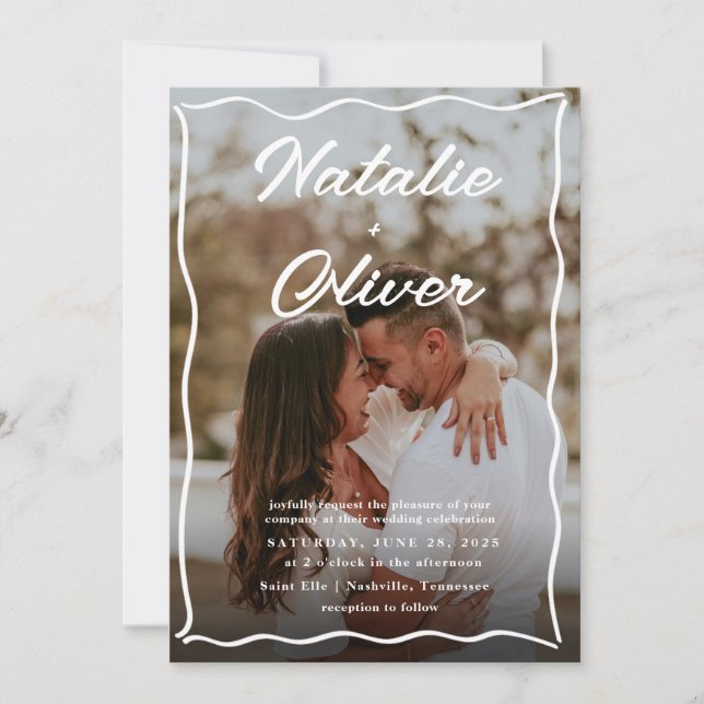 Convite Casamento preto-e-branco de borda desenhada à mão (Frente)