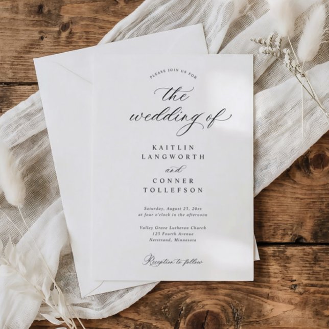 Convite Casamento Preto e Branco de Dinheiro Antigo Simple (Classic black and white wedding invitation with elegant calligraphy and traditional script)