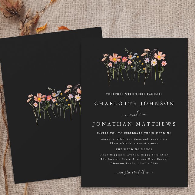 Convite Casamento Preto e Branco de Flor Selvagem Simples (Boho fall Wildflower floral black and white Wedding invitation Minimalist watercolor autumn flowers)
