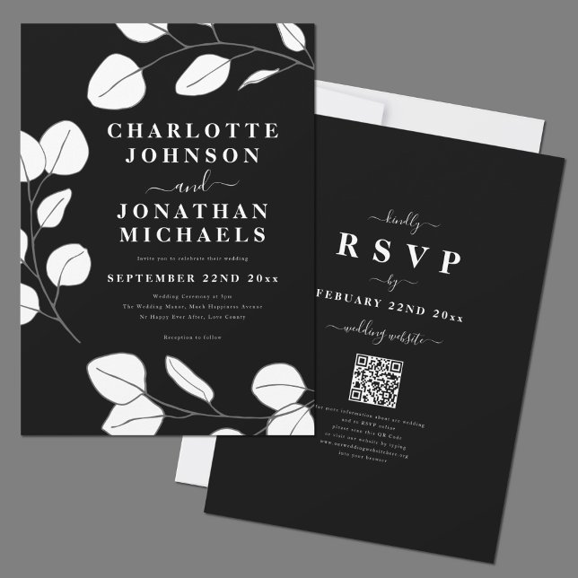 Convite Casamento preto e branco de folha simples e elegan (Modern elegant minimalist leaf black and white wedding invitation with RSVP online website QR Code)