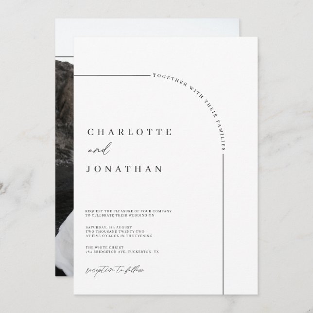 Convite Casamento preto e branco de fotos em arco moderno (Frente/Verso)