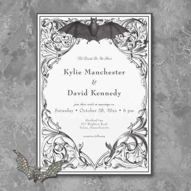 Convite Casamento Preto e Branco de Morcego Vitoriano Até  (Victorian Bat Until Death Black & White Wedding Invitation)